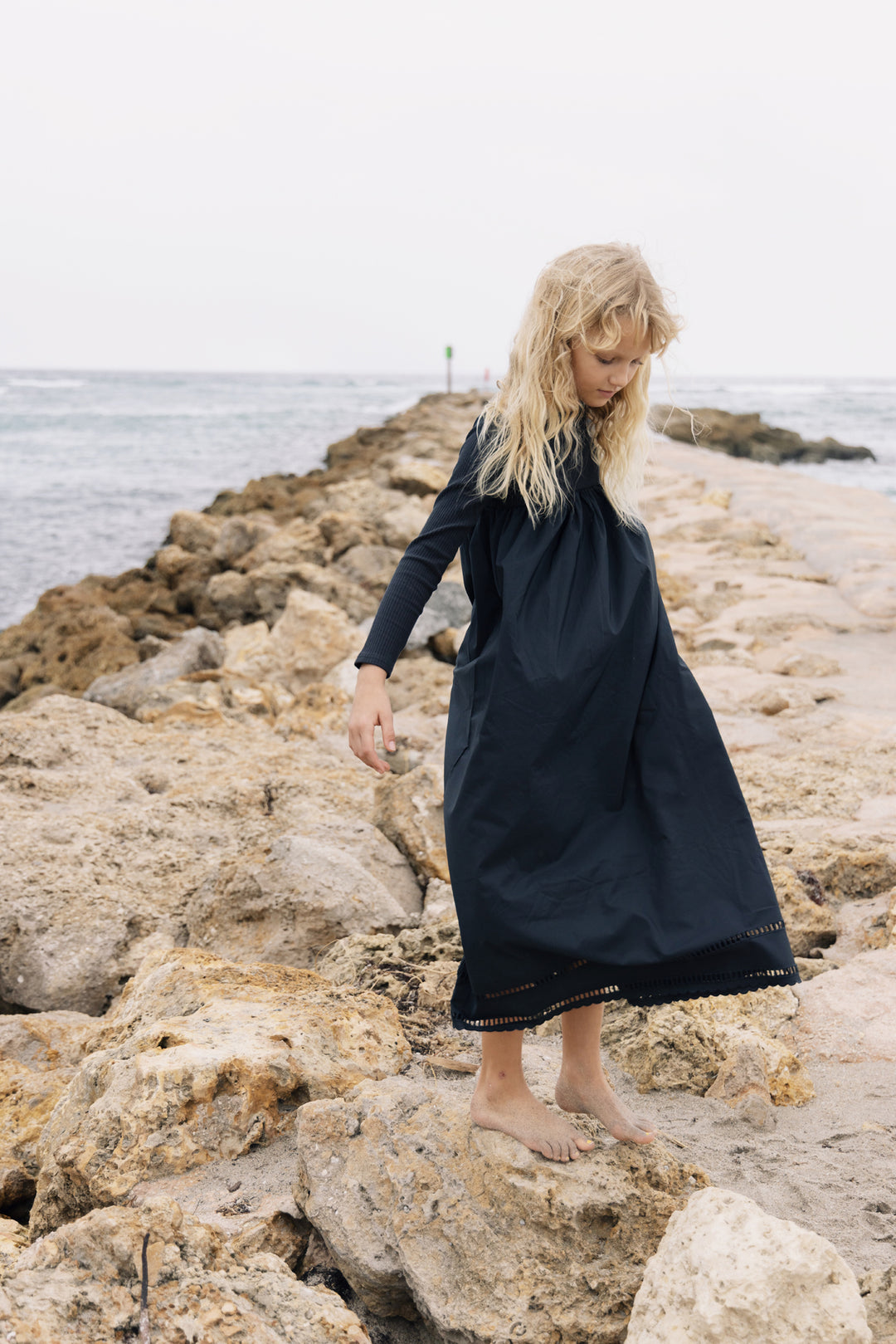 maxi dress knit top eyelet trim poplin bottom - black