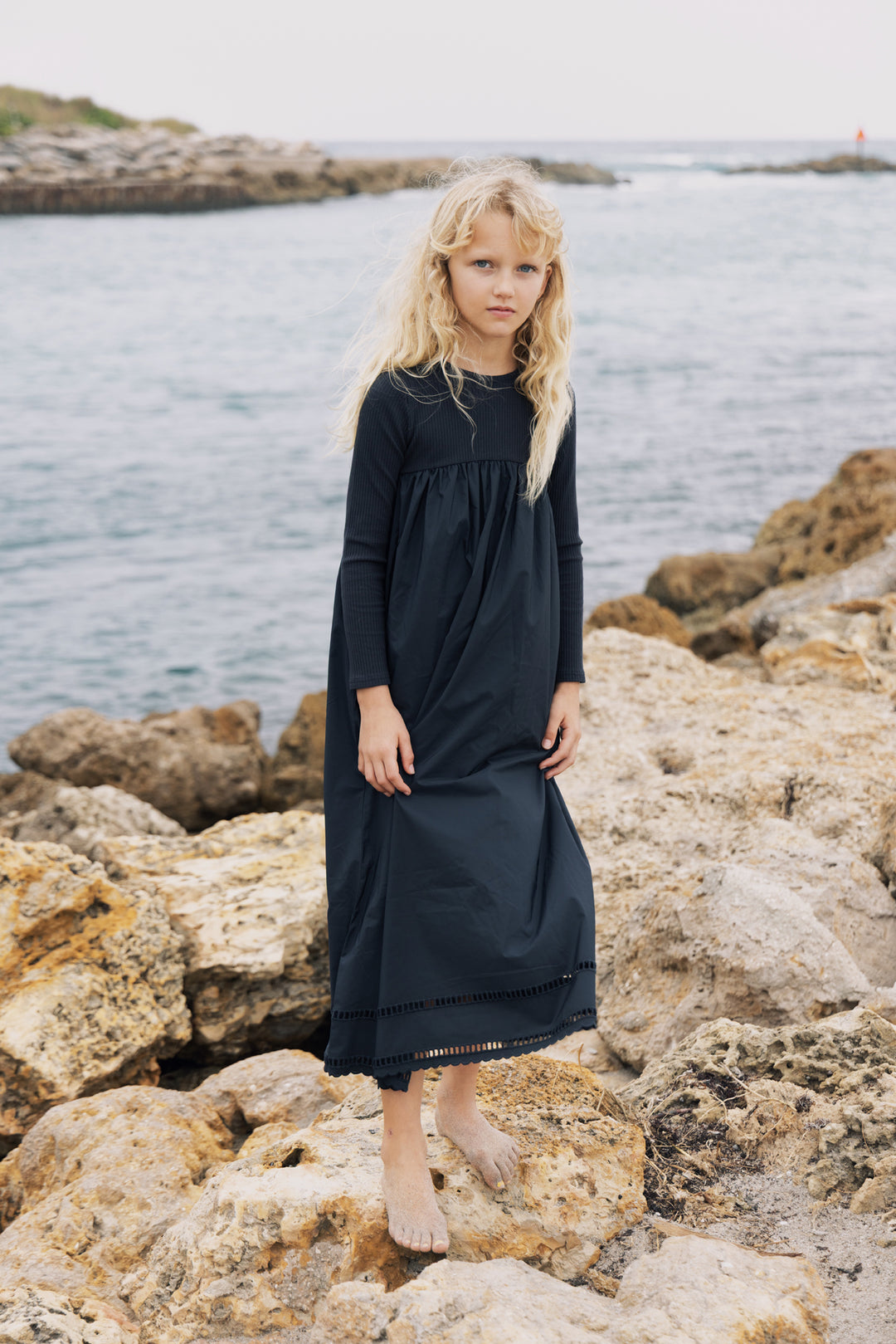 maxi dress knit top eyelet trim poplin bottom - black