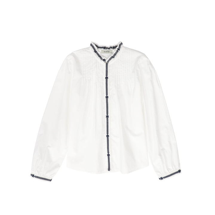 shirt l/s pleated blouse with ruffle collar - white