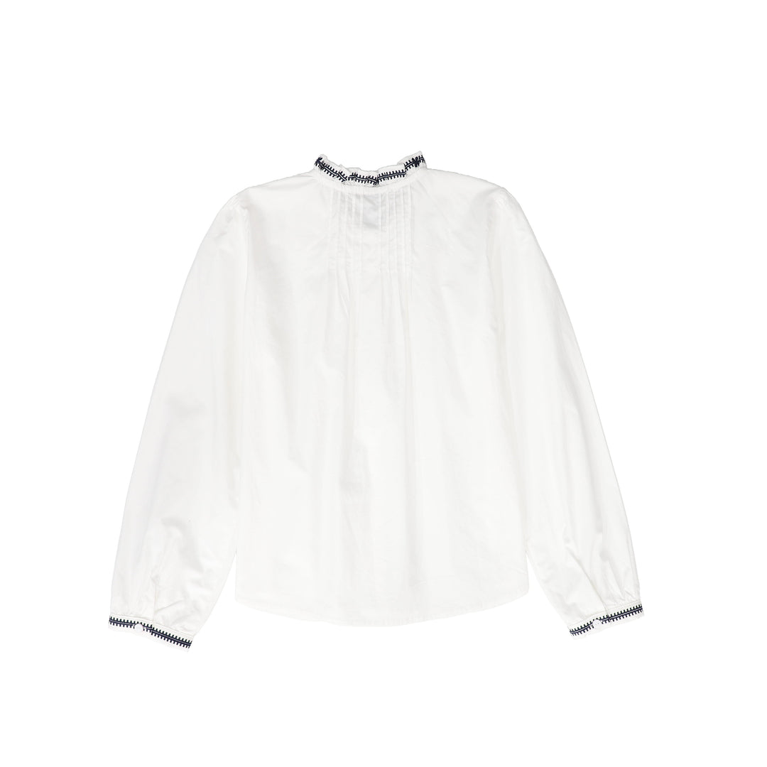 shirt l/s pleated blouse with ruffle collar - white
