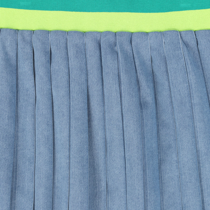 skirt pleated with striped waist band - blue denim