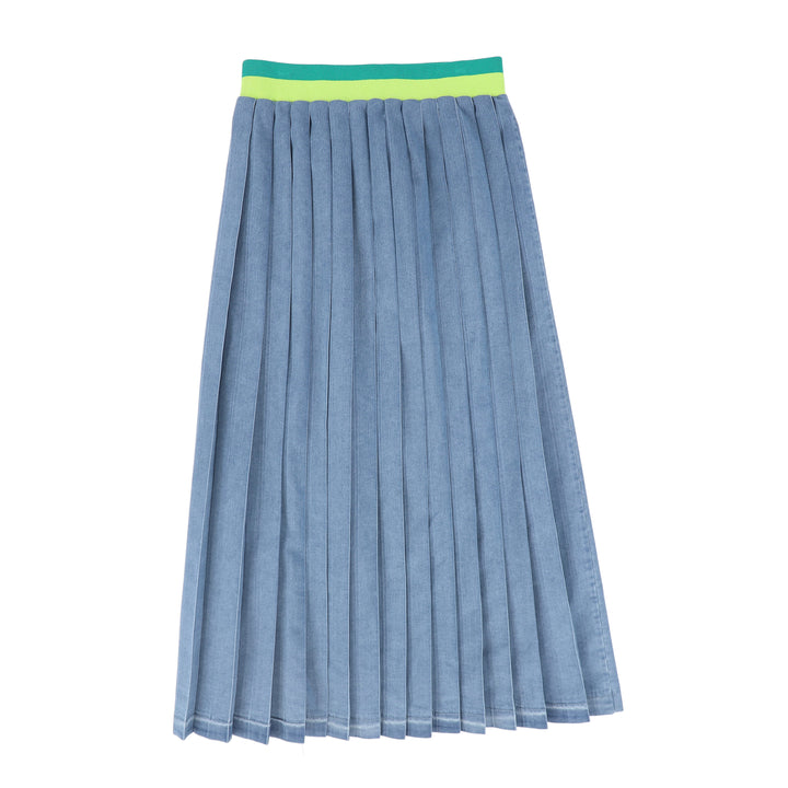 skirt pleated with striped waist band - blue denim