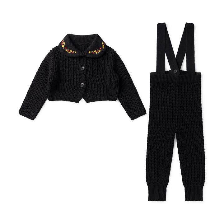 set outfit cropped cardigan with suspender leggings - black