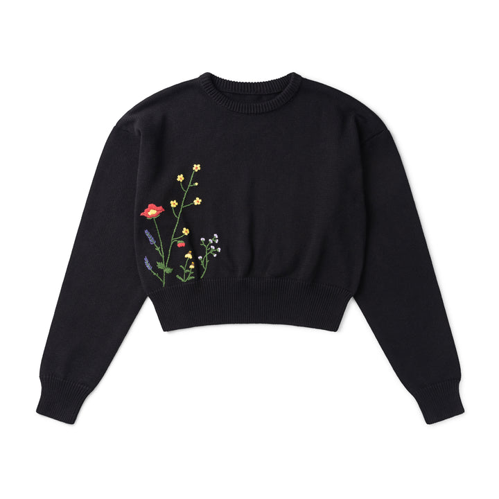 top l/s embroidered vibrant flower - black