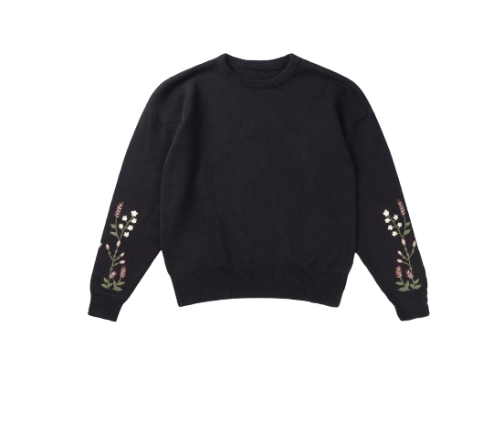 top l/s embroidered sleeve - black