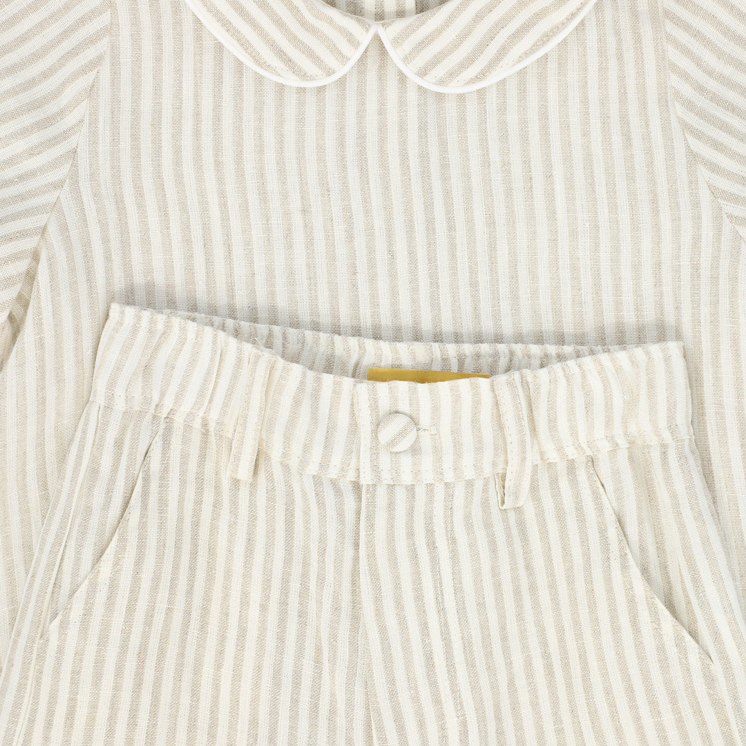 set outfit linen stripe shirt and shorts - tan
