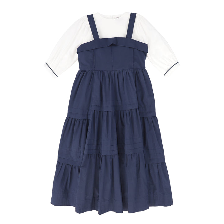 maxi dress tiered jumper bow back with shirt - navy/white