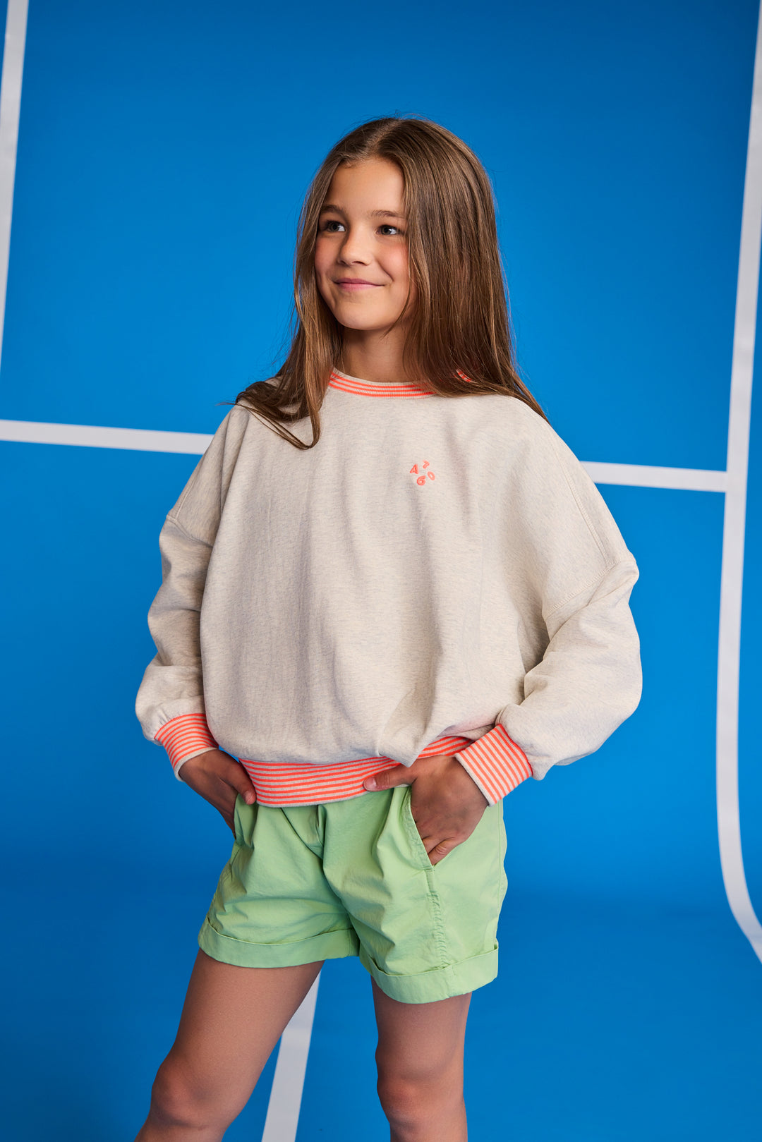 top l/s neon striped trim sweatshirt - oatmeal