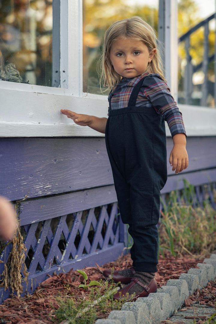 one piece plaid mockneck with overalls - plaid/pink