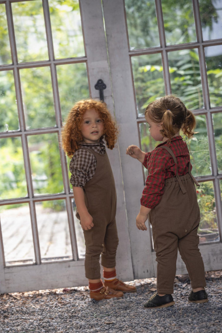 set outfit checkered peter pan collar shirt and overalls - chestnut/berry