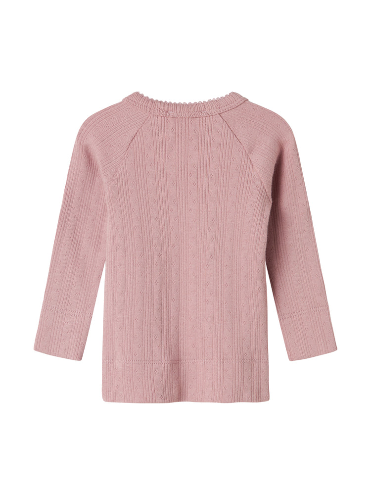 set knit pointelle wrap top and footie pants with hat - soft berry