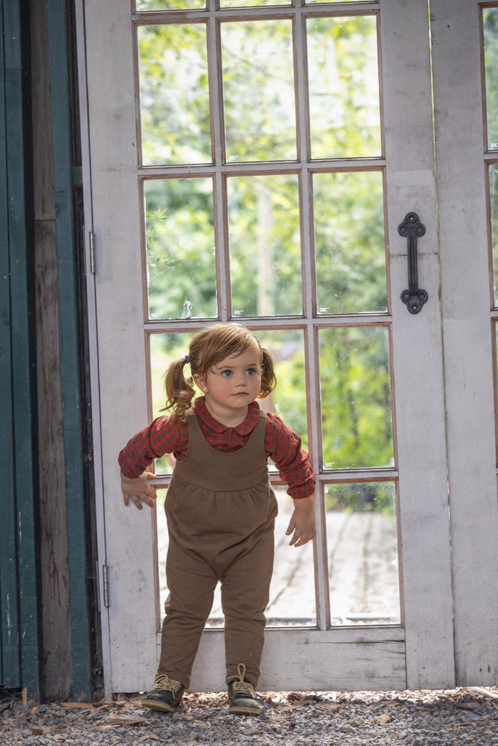 set outfit checkered peter pan collar shirt and overalls - chestnut/berry