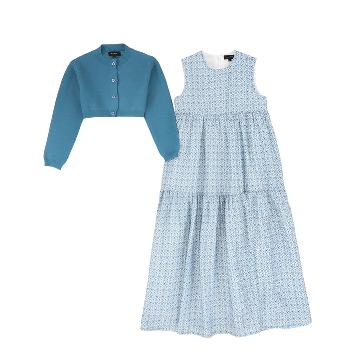 maxi dress print with cardigan - blue