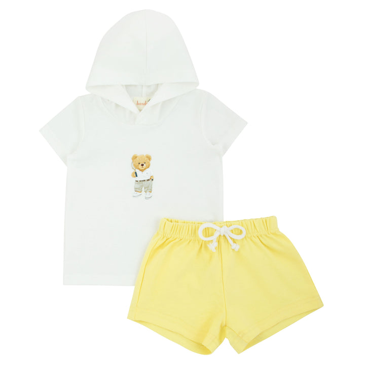 set outfit hooded bear tee and shorts - white/yellow