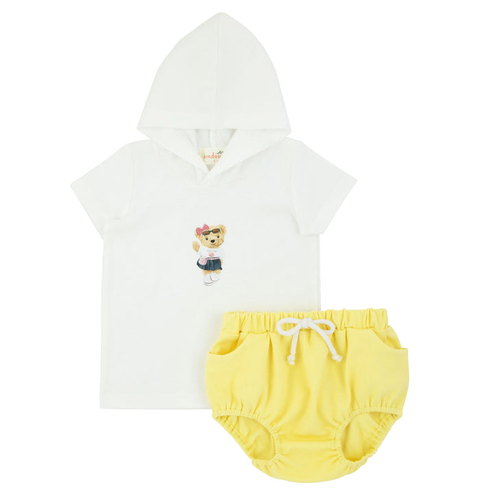 set outfit hooded bear tee and bloomers - white/yellow