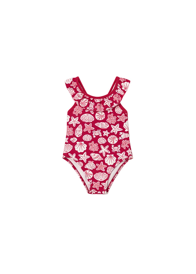 bathing suit beach print ruffled - red-020