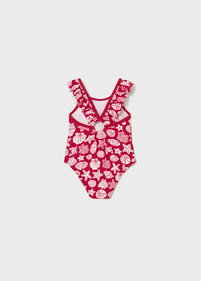 bathing suit beach print ruffled - red-020
