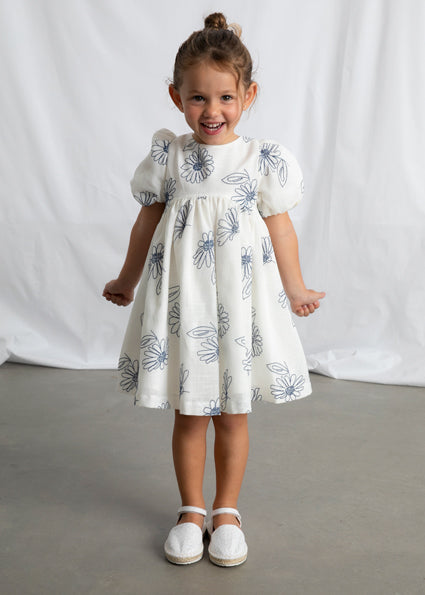 dress embroidered flowers with puff sleeves - natural-090
