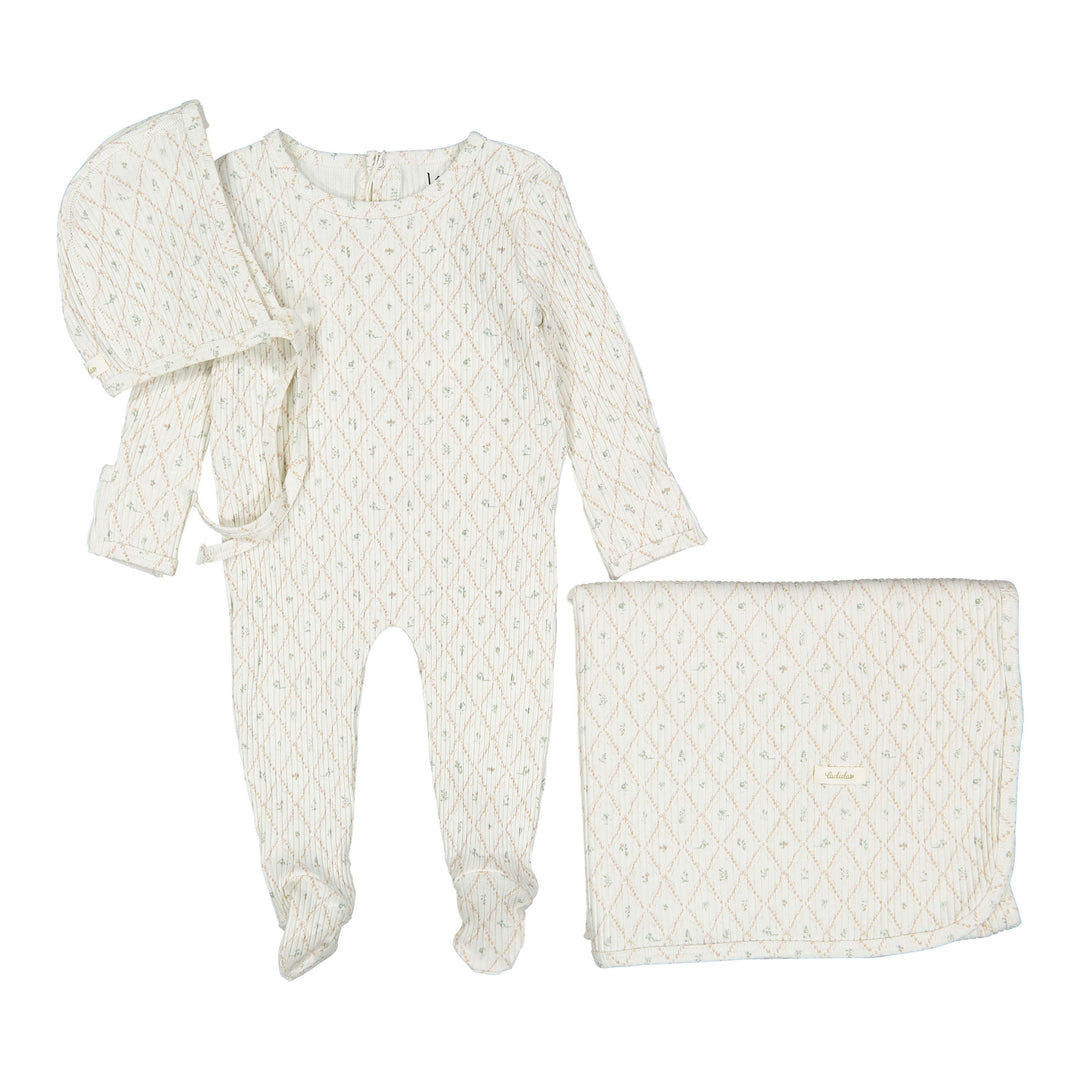 set footie ribbed fairytale with bonnet and blanket - mauve