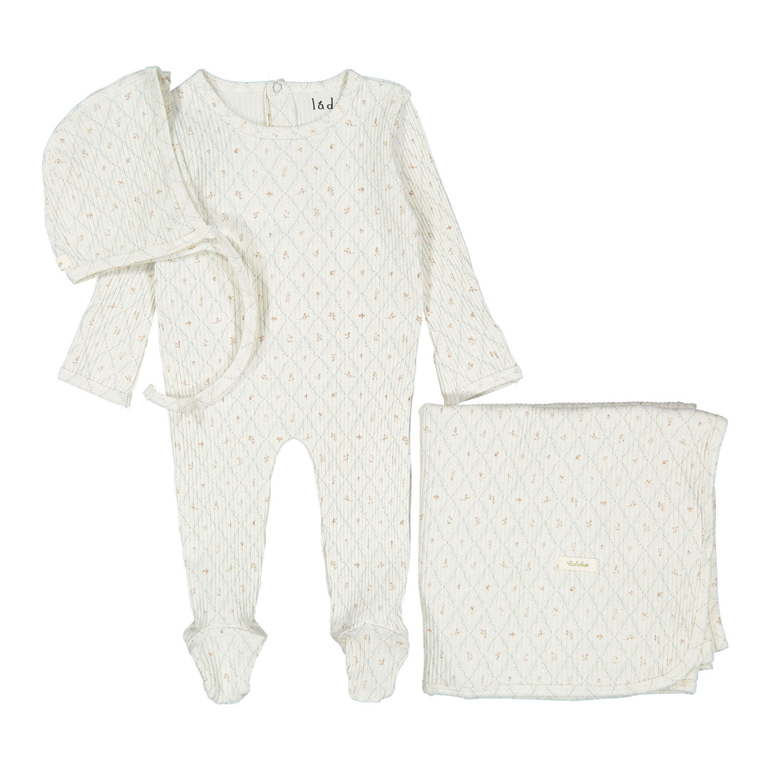 set footie ribbed fairytale with bonnet and blanket - taupe