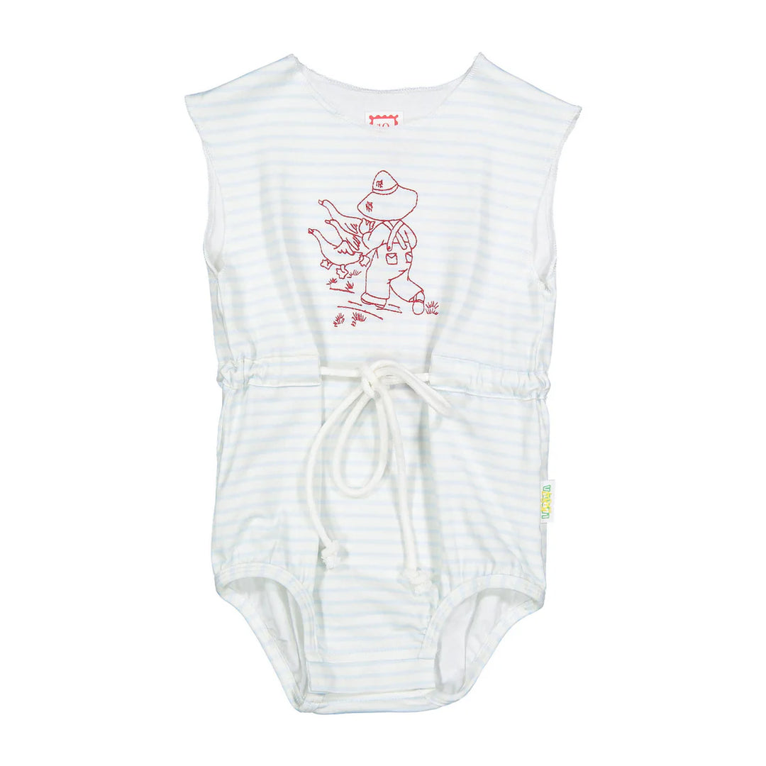one piece striped embroidered boy with ducks romper - white/blue