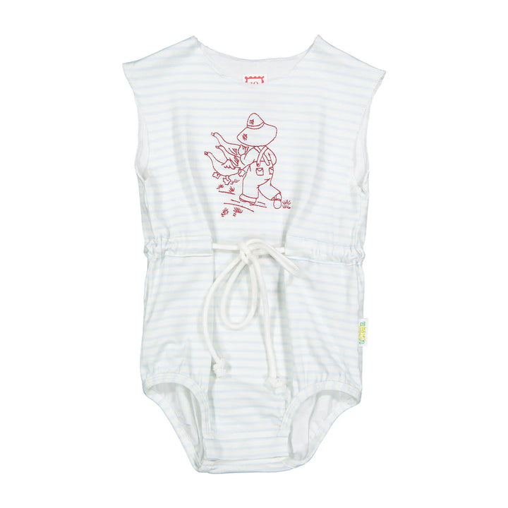 one piece striped embroidered boy with ducks romper - white/blue