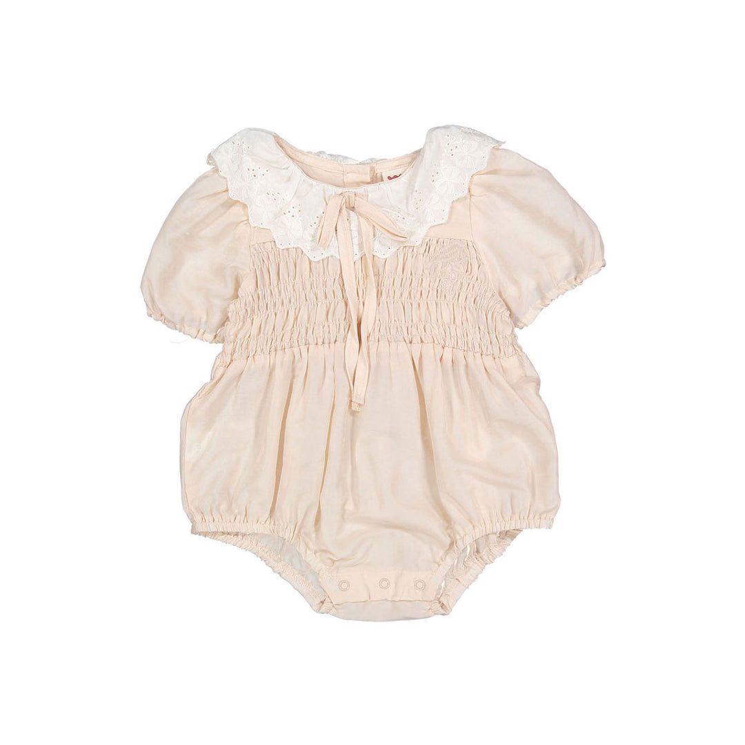 one piece smocked bubble romper with collar - light pink