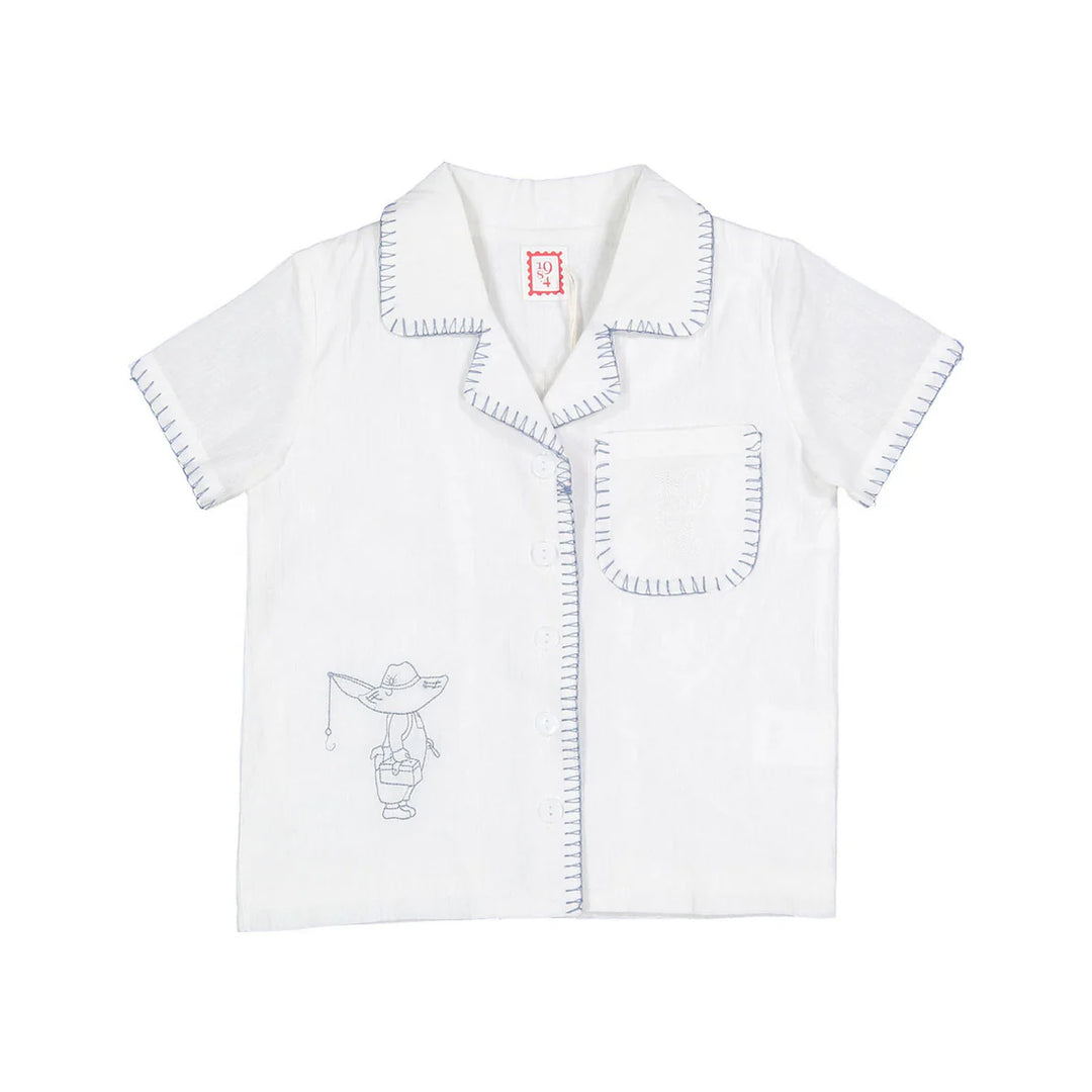 shirt s/s embroidered grandpa style - white