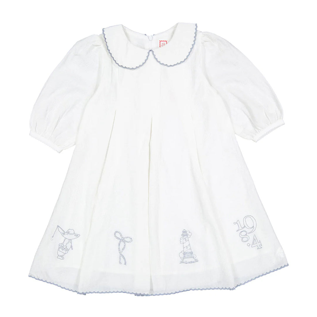 dress 3/4 sleeve embroidered wide pleated - white