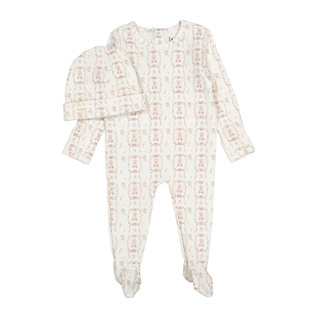 footie teddy print with hat - mauve