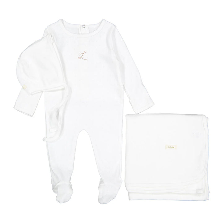 set footie pointelle take me home with bonnet and blanket - white