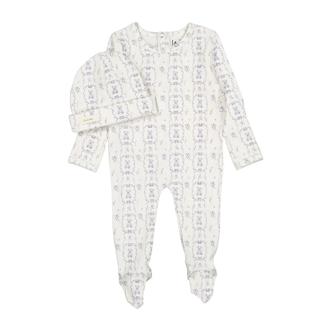 footie teddy print with bonnet - blue
