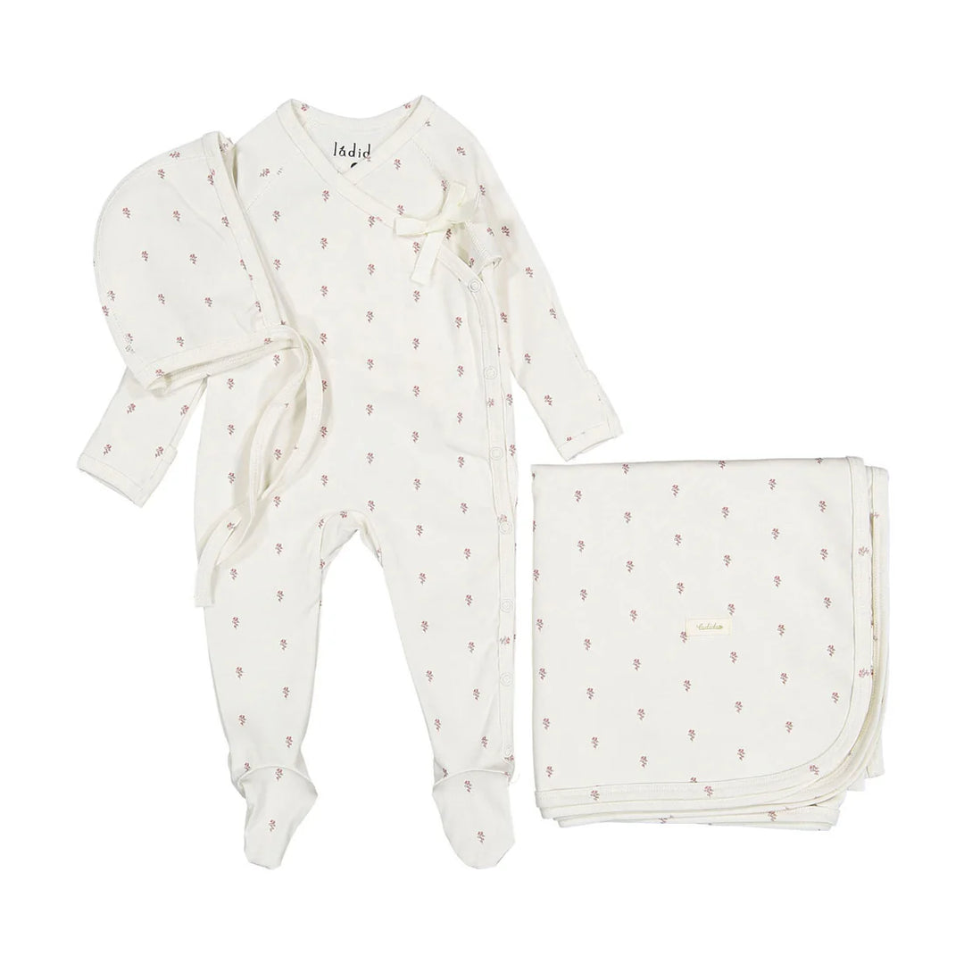 set footie tiny rose print with bonnet and blanket - pink