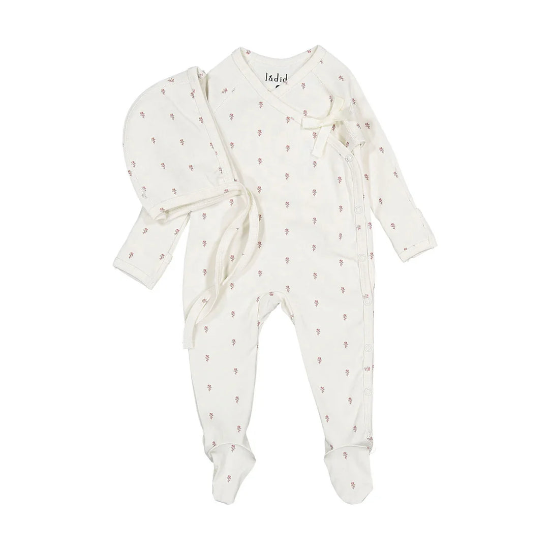 footie tiny rose print with bonnet - pink