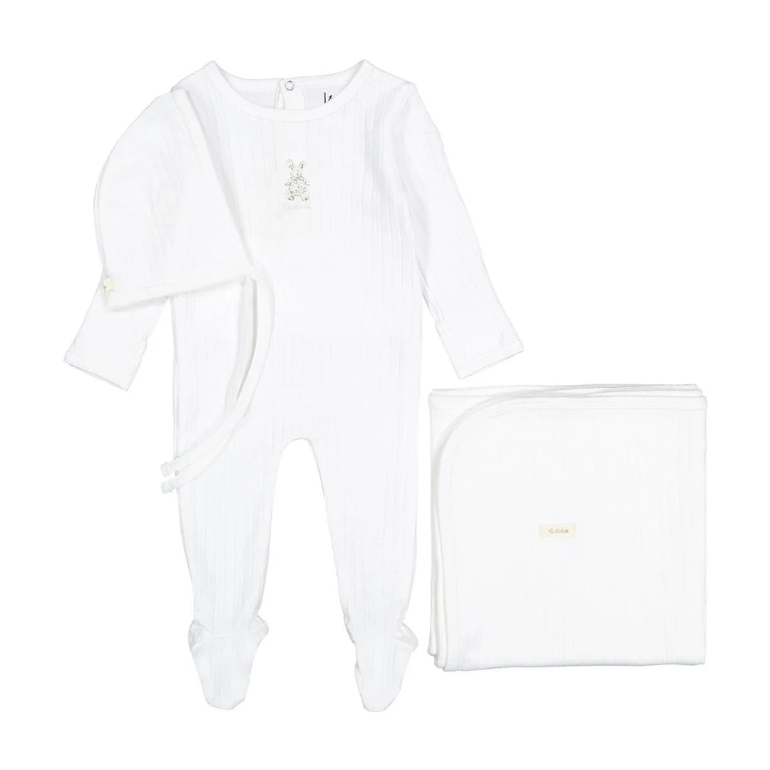 set footie cotton bunny with bonnet and blanket - sand