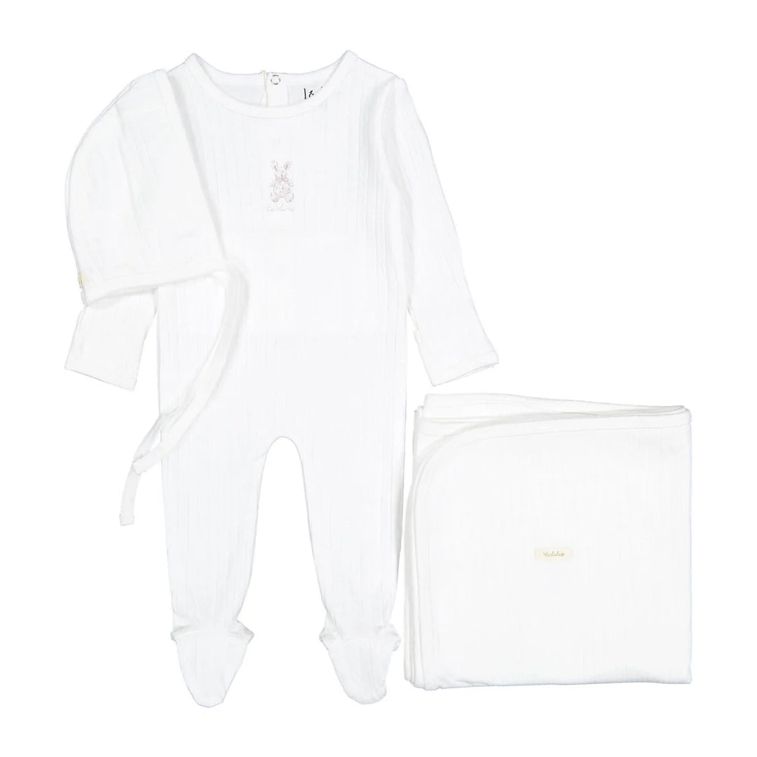 set footie cotton bunny with bonnet and blanket - rose