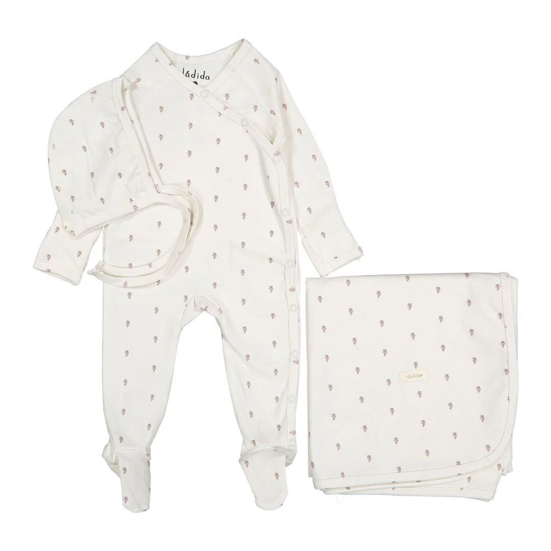 set footie tiny rose print with bonnet and blanket - green