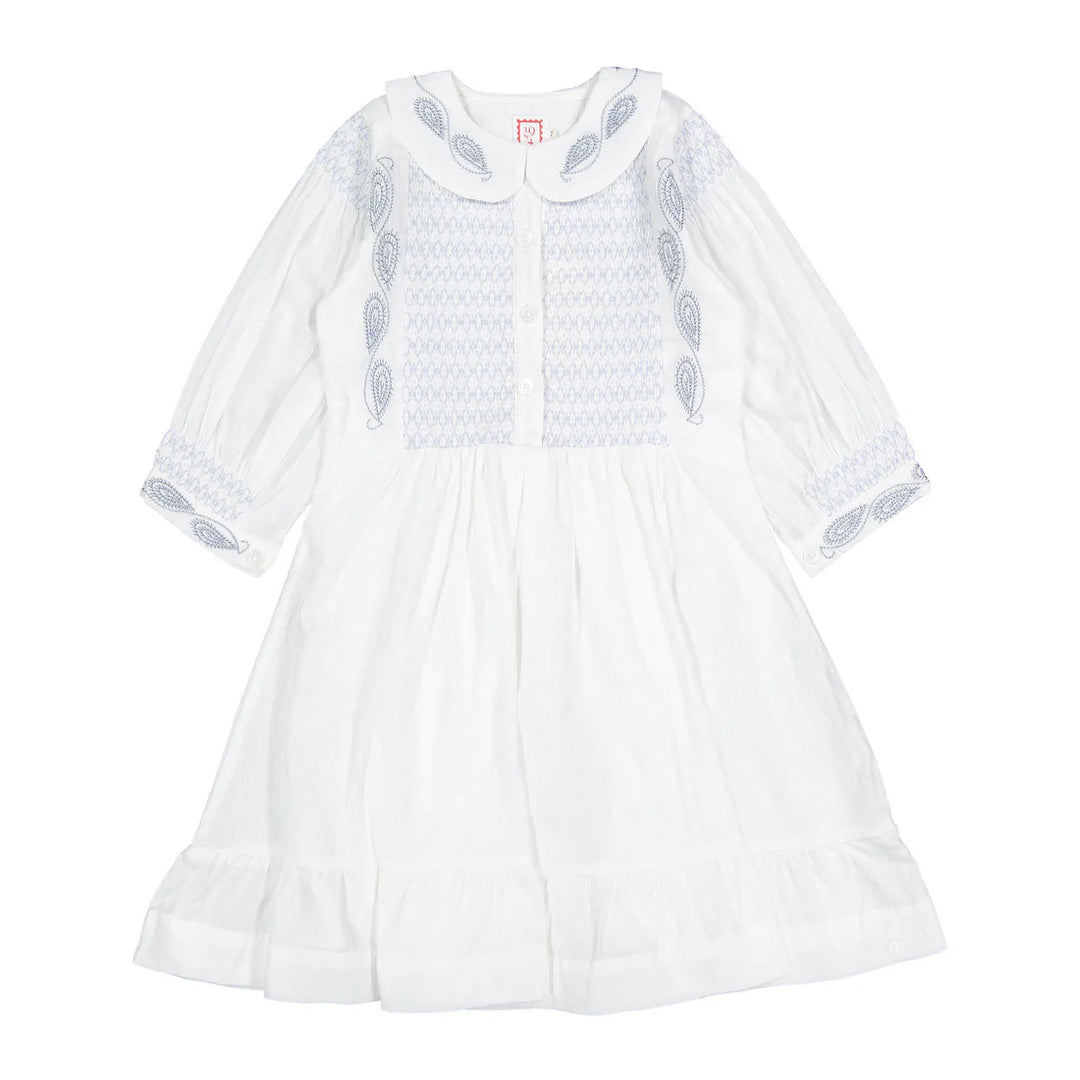 dress 3/4 sleeve embroidered smock - white