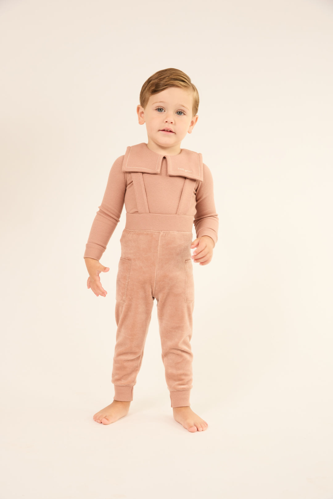 set outfit velour sailor collar onesie and overalls - pink
