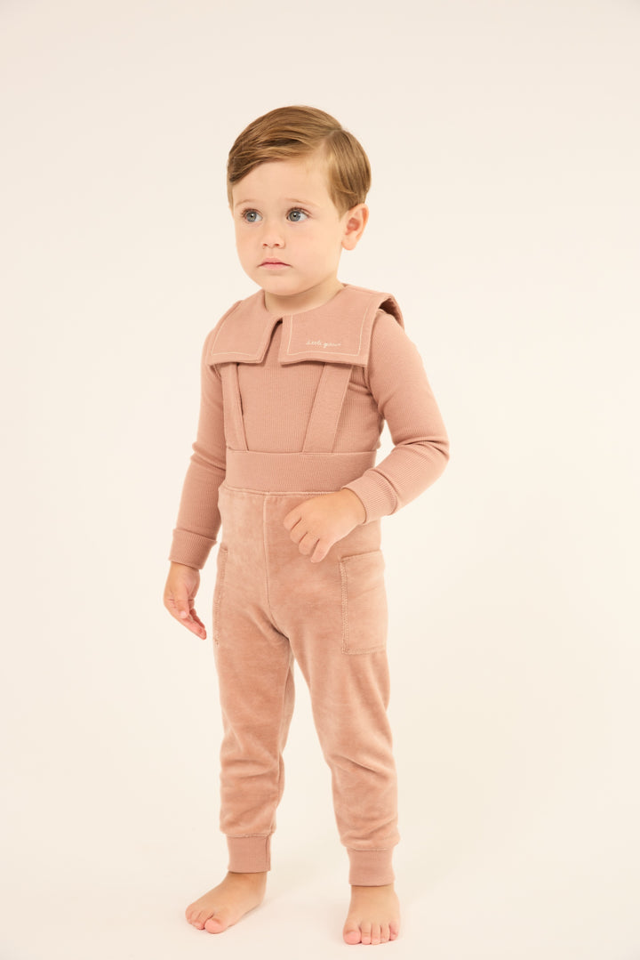 set outfit velour sailor collar onesie and overalls - pink