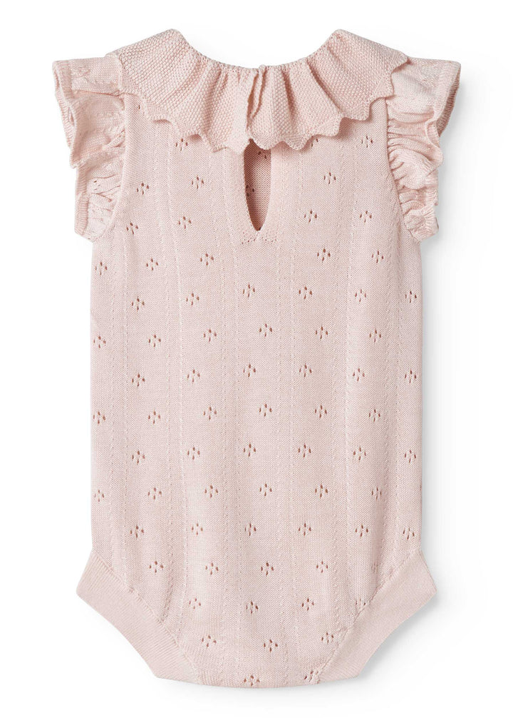 one piece pointelle knit frill romper - misty pink