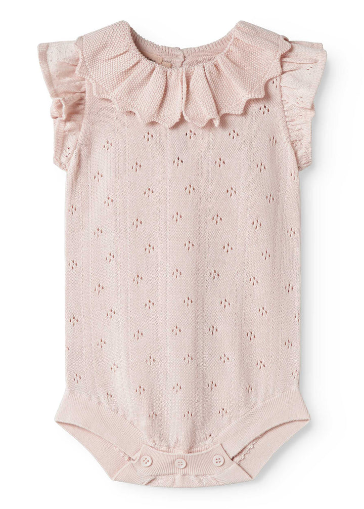 one piece pointelle knit frill romper - misty pink