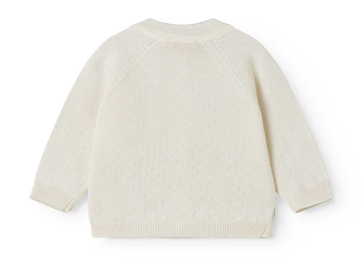 set knit mini polka dot cardigan and pants with bonnet - gentle white