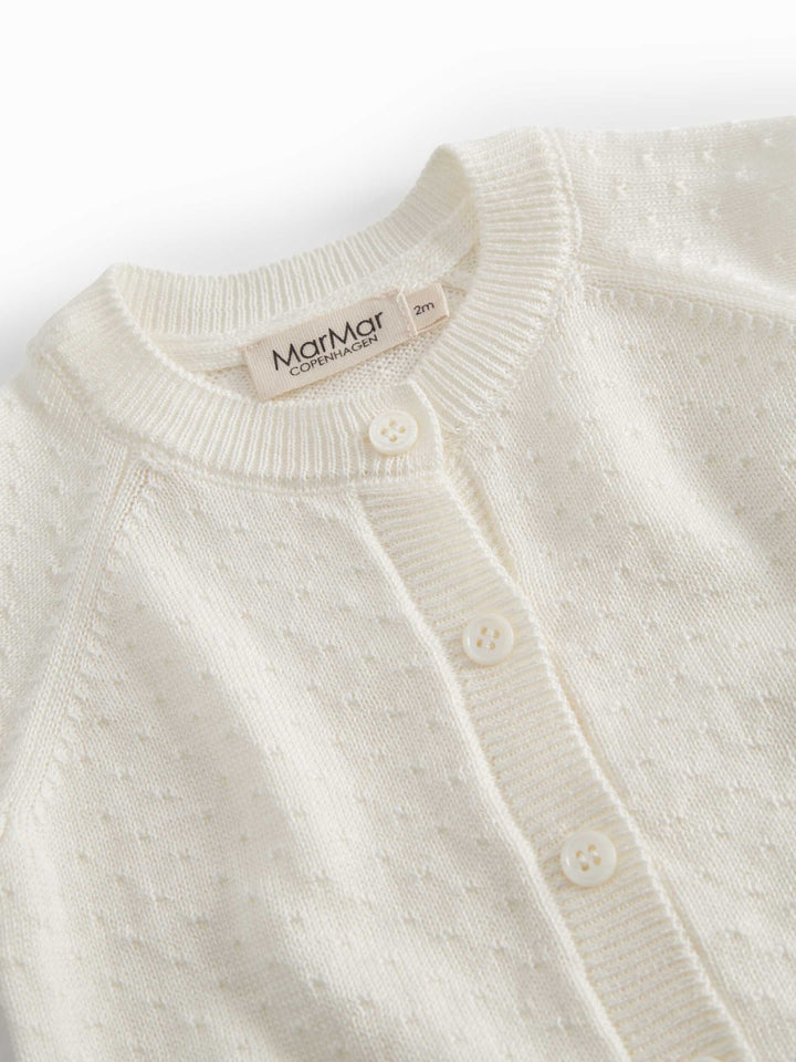 set knit mini polka dot cardigan and pants with bonnet - gentle white