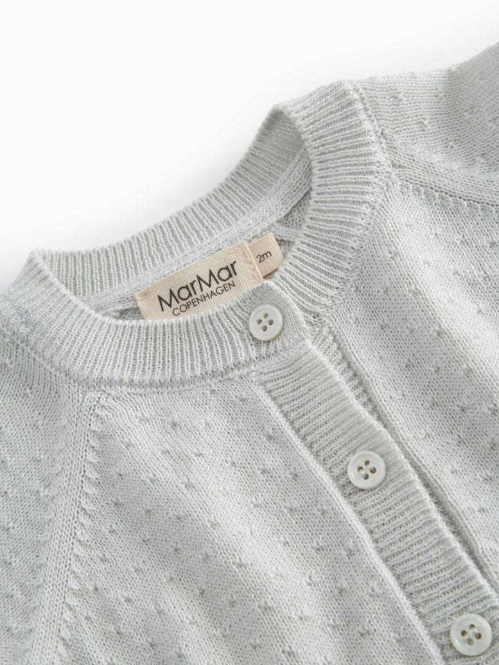 set knit mini polka dot cardigan and pants with bonnet - morning dew