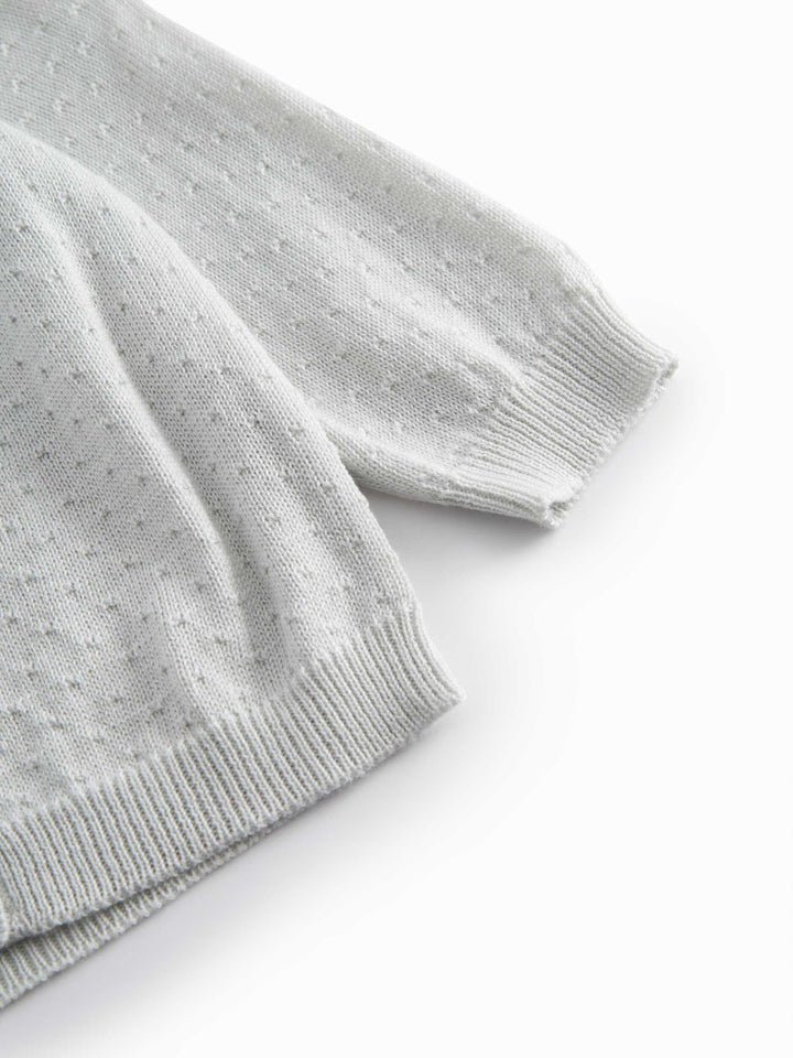 set knit mini polka dot cardigan and pants with bonnet - morning dew