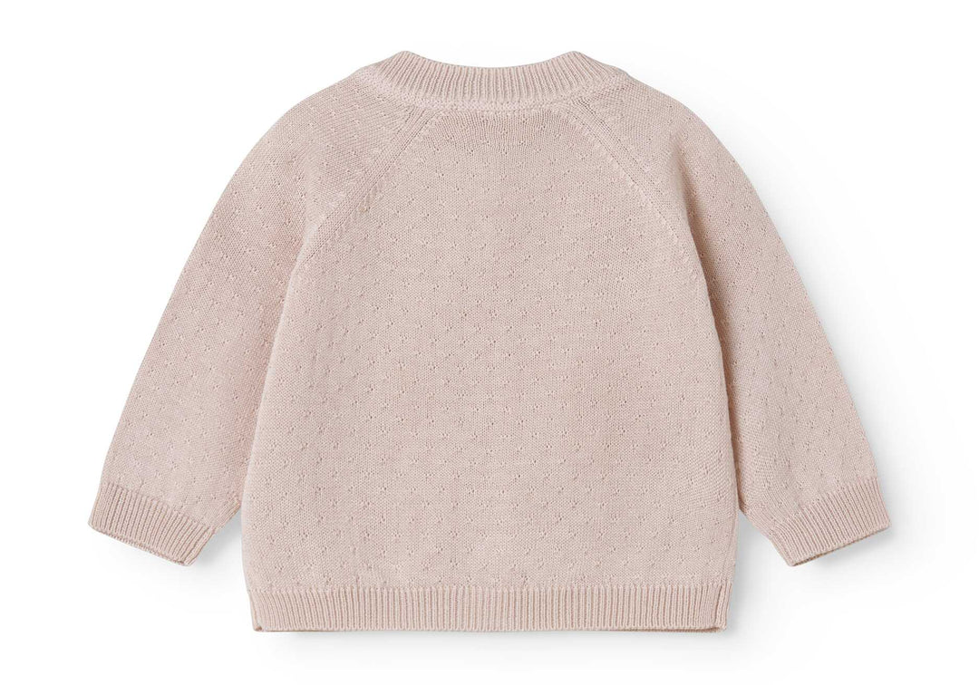 set knit mini polka dot cardigan and pants with bonnet - misty pink