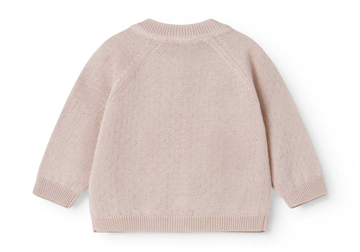 set knit mini polka dot cardigan and pants with bonnet - misty pink