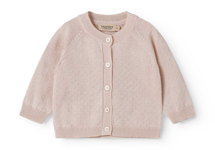 set knit mini polka dot cardigan and pants with bonnet - misty pink