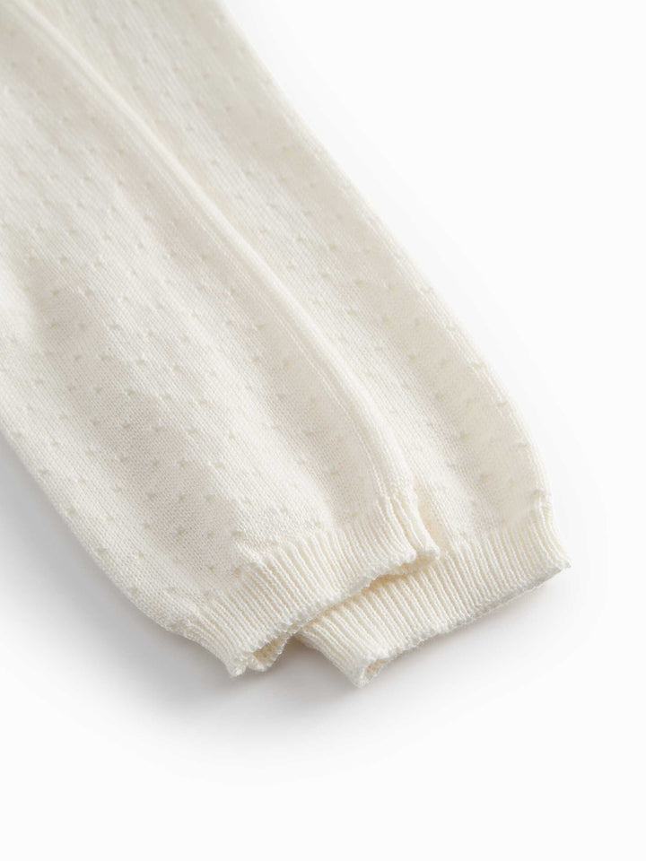 set knit mini polka dot cardigan and pants with bonnet - gentle white
